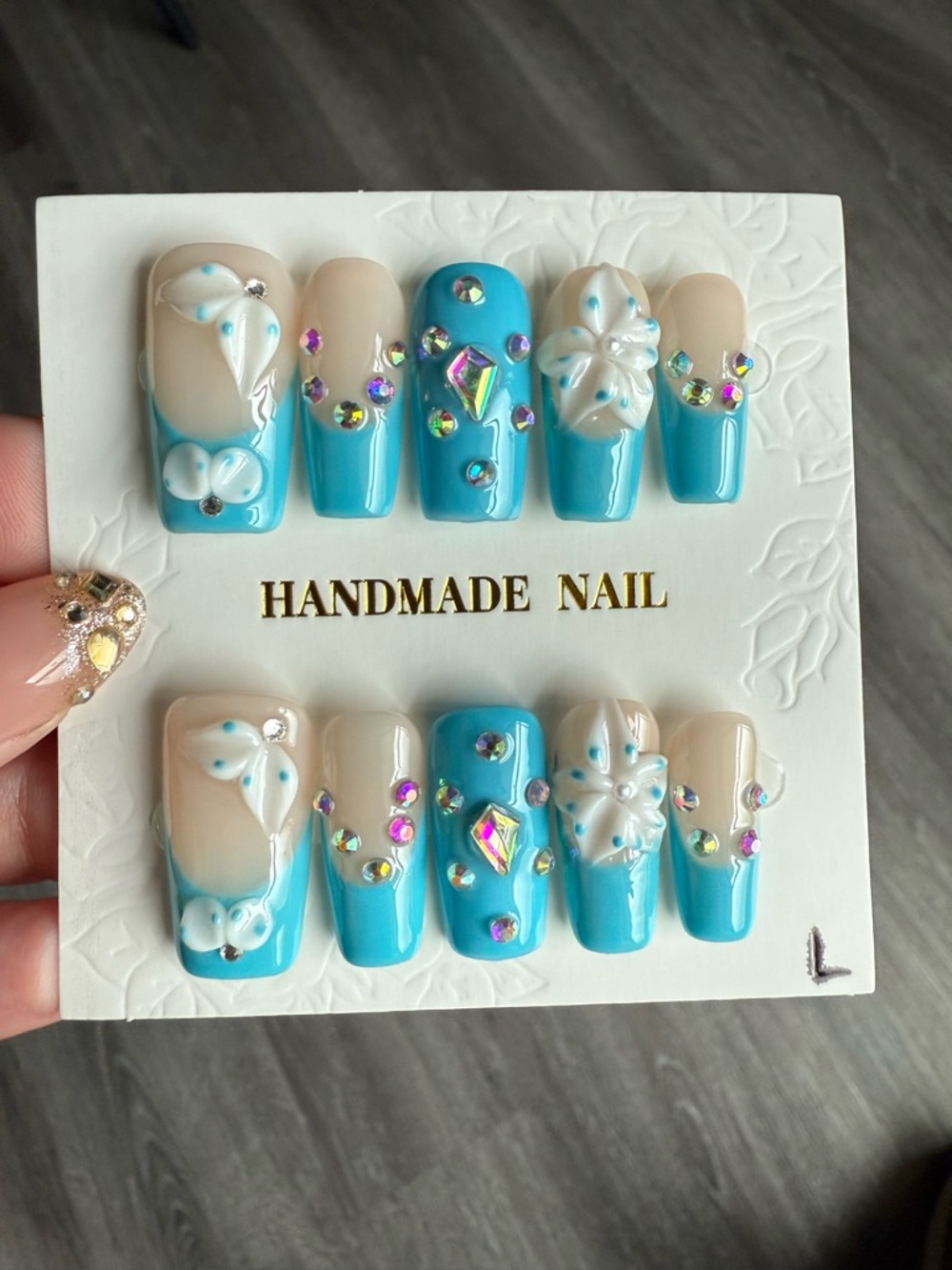 Handmade Blue & Nude Floral Press-On Nails with Rhinestones